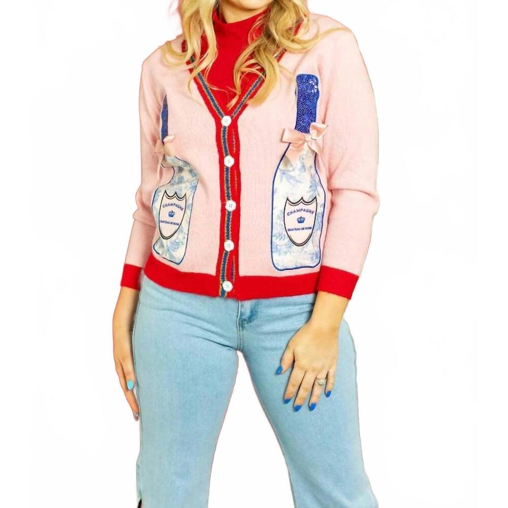 NEW GRACE + EMMA champagne bottle patches cardigan in pink